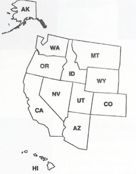 black and white map of the Western United States with postal abbreviations