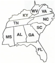black and white photo of Southeastern United States with postal abbreviations