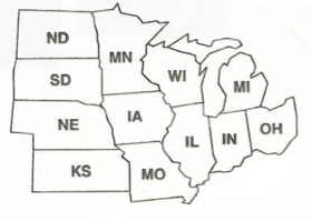 black and white map of the Midwestern United States with postal abbreviations